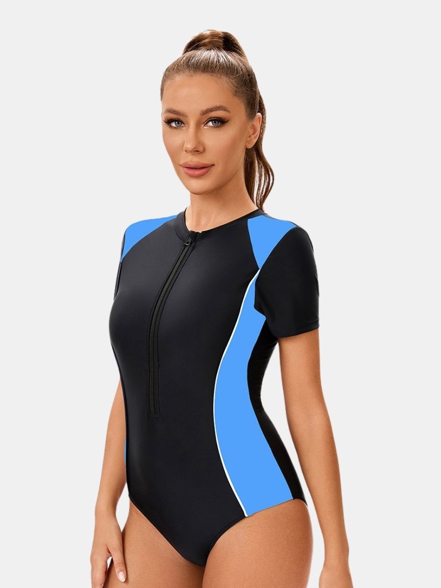 Colorblock Front Zip Short Sleeve Athletic Women One-piece Sports Swimsuit
