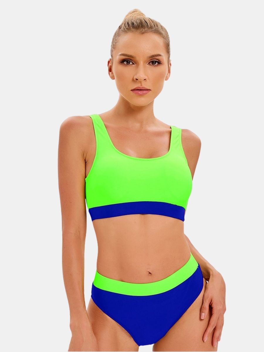 Colorblock High Waist Athletic Women Two-pieces Sports Swimsuit