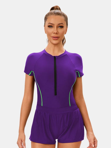 Short Sleeve Front Zip Athletic Women One-piece Sports Swimsuit
