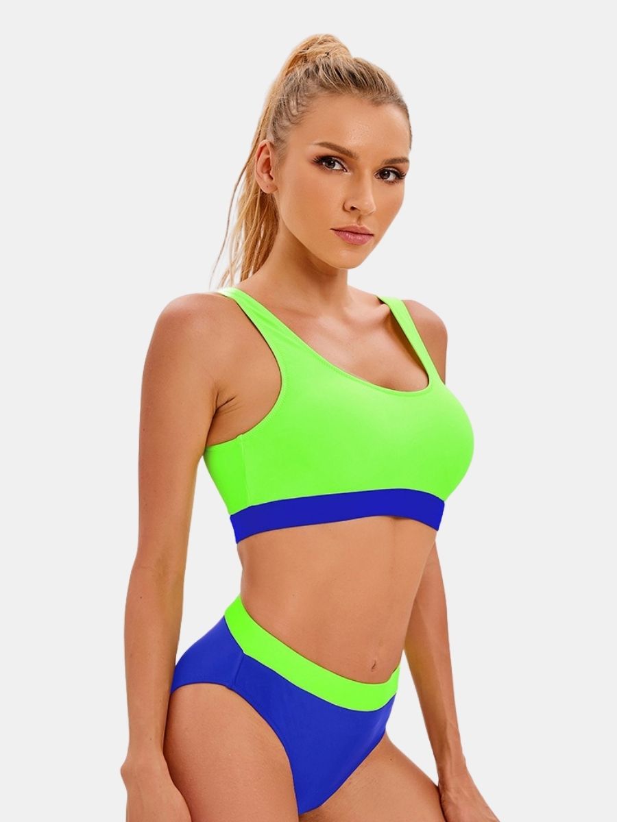 Colorblock High Waist Athletic Women Two-pieces Sports Swimsuit