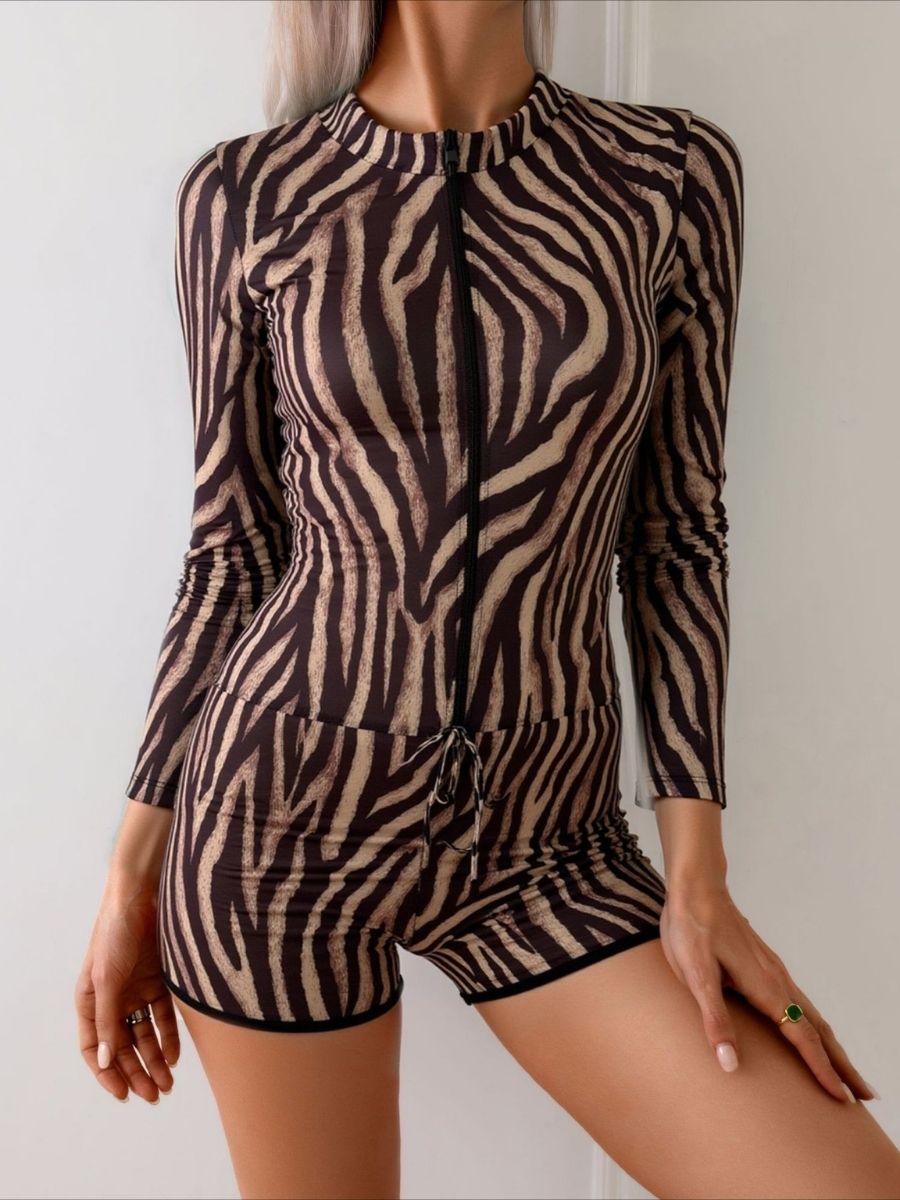 Leopard Print Two Pieces Women Long Sleeve UPF50+ Rash Guard Swimsuit