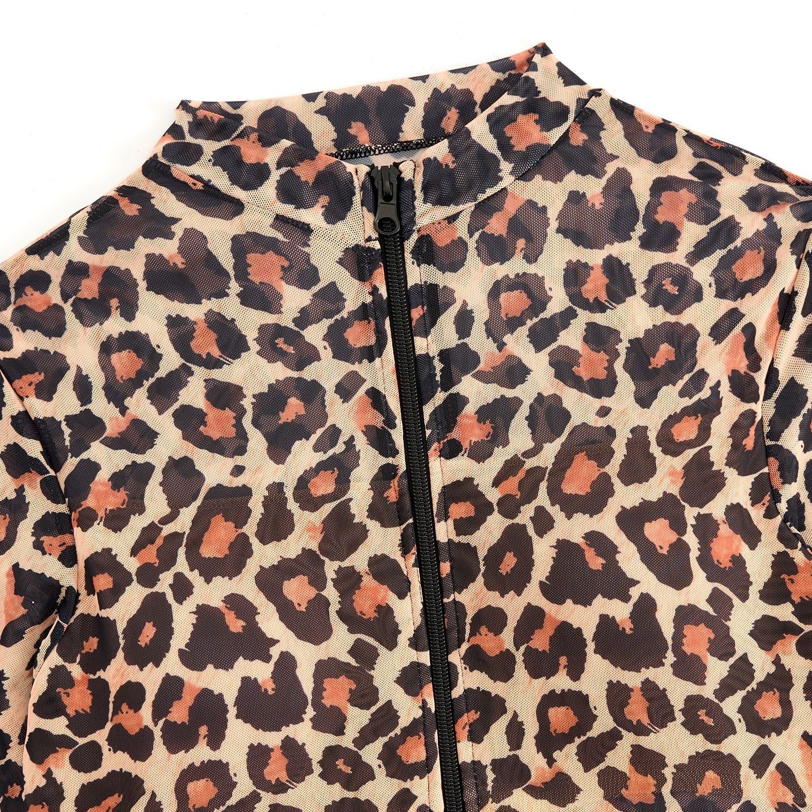 Leopard Print Front Zip Women Long Sleeve UPF50+ Rash Guard Swimsuit