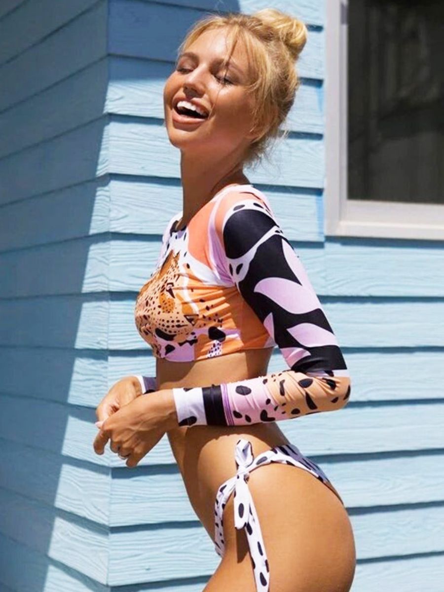 Leopard Cropped Split Two Pieces UPF50+ Rash Guard