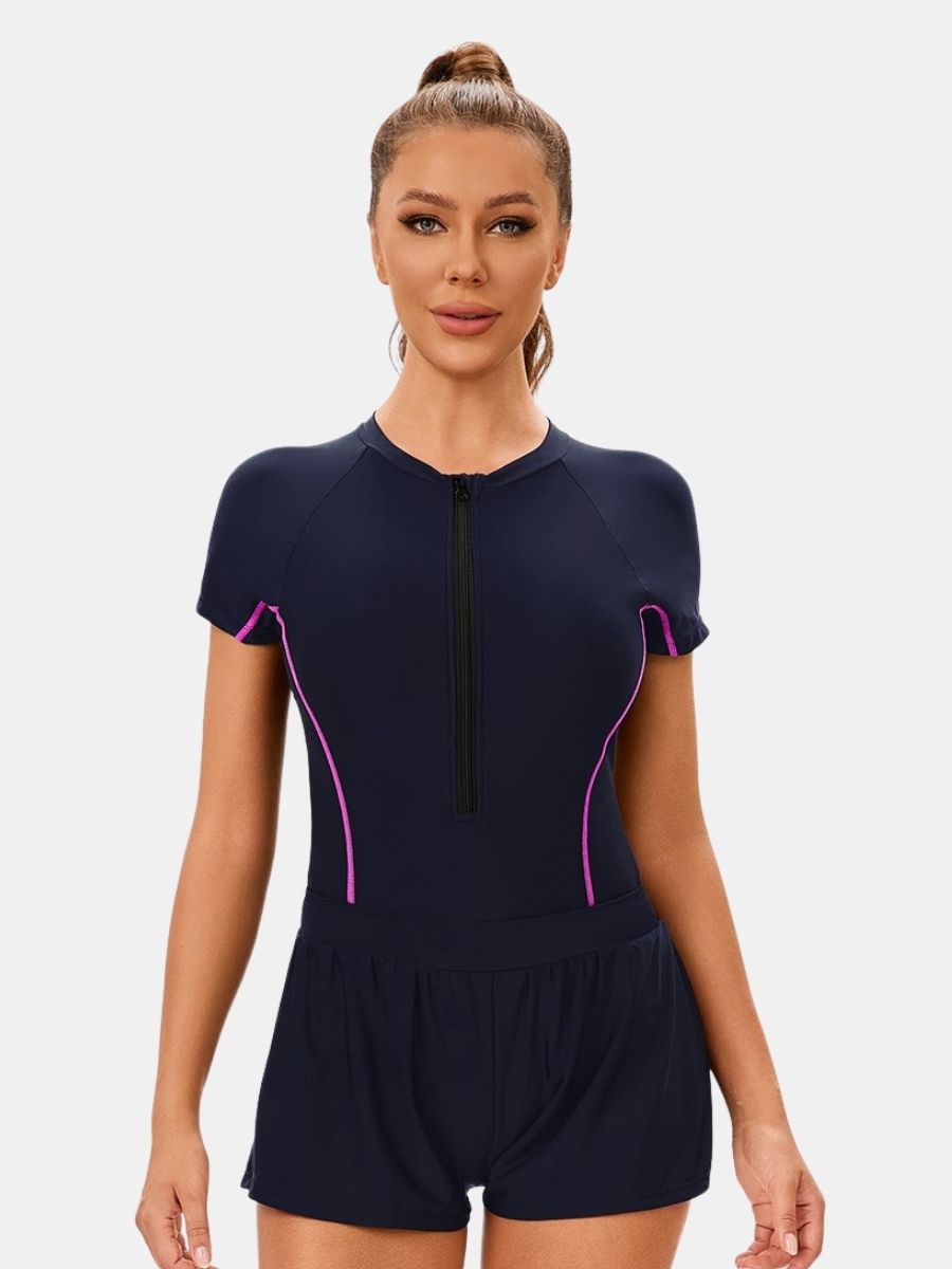 Short Sleeve Front Zip Athletic Women One-piece Sports Swimsuit