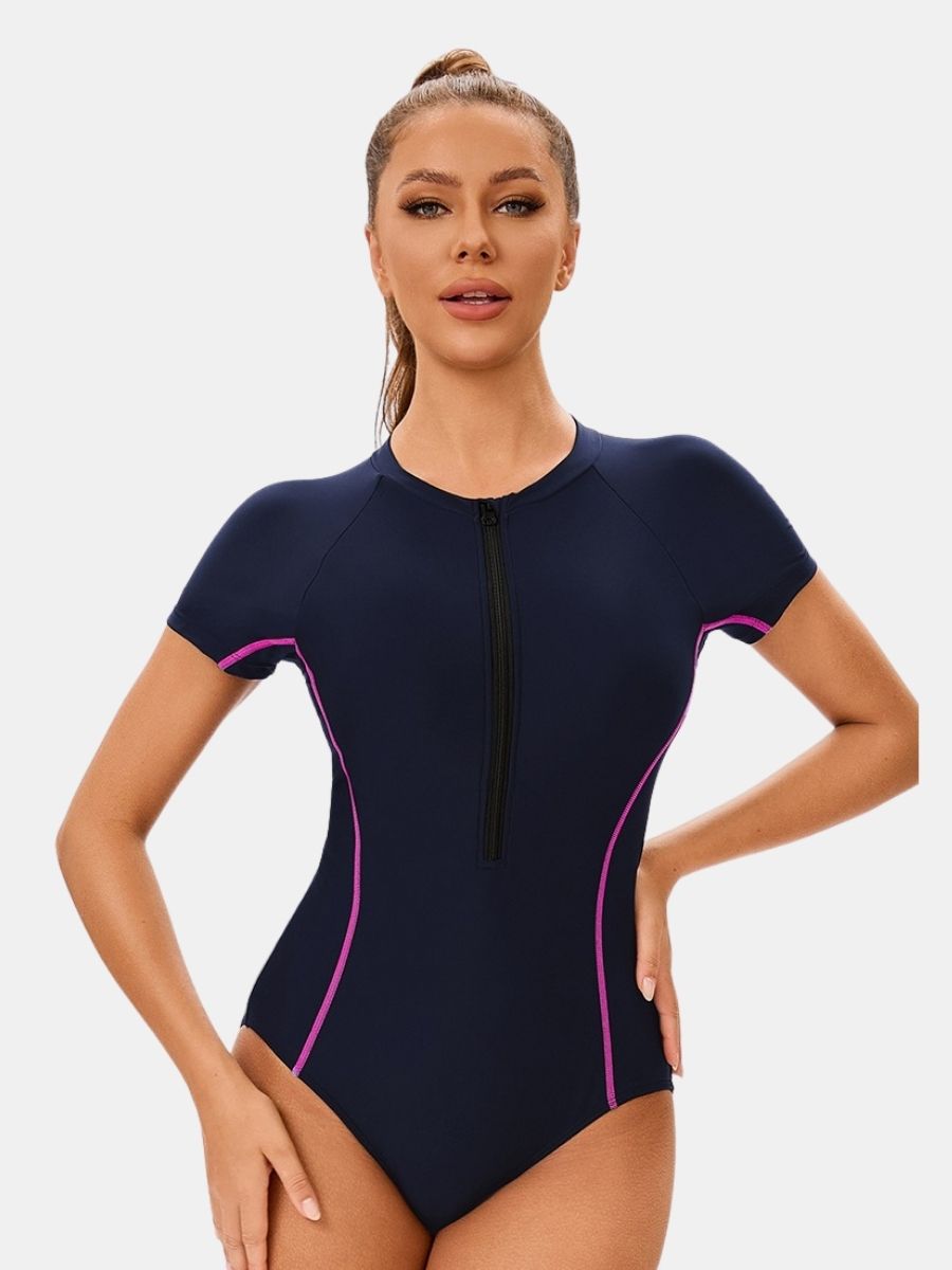Short Sleeve Front Zip Athletic Women One-piece Sports Swimsuit