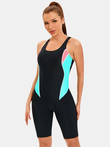Color Block Athletic Jumpsuit Women One-piece Sports Swimsuit