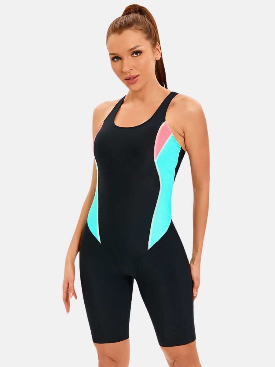 Color Block Athletic Jumpsuit Women One-piece Sports Swimsuit