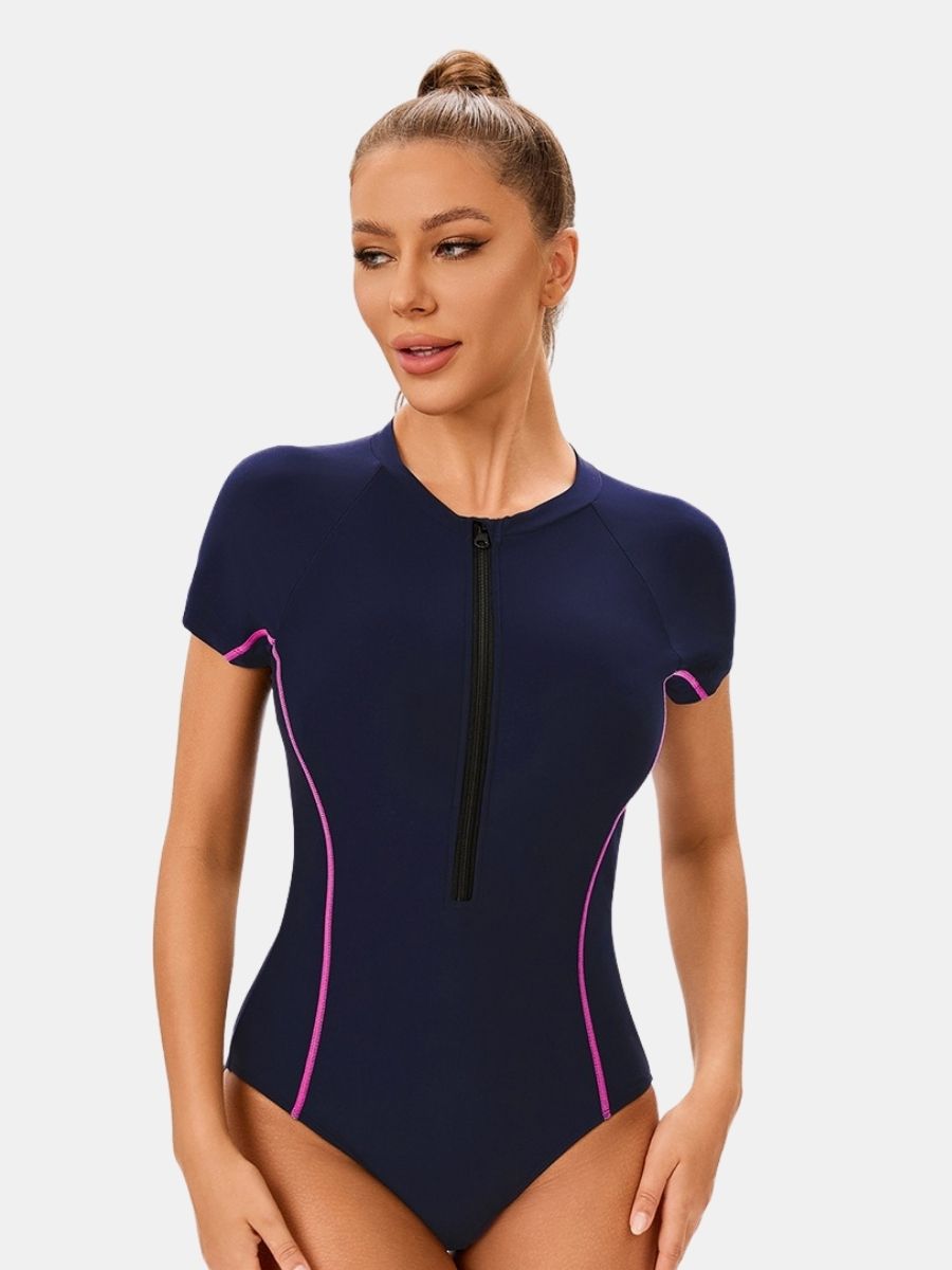Short Sleeve Front Zip Athletic Women One-piece Sports Swimsuit