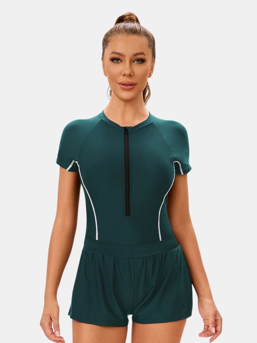 Short Sleeve Front Zip Athletic Women One-piece Sports Swimsuit