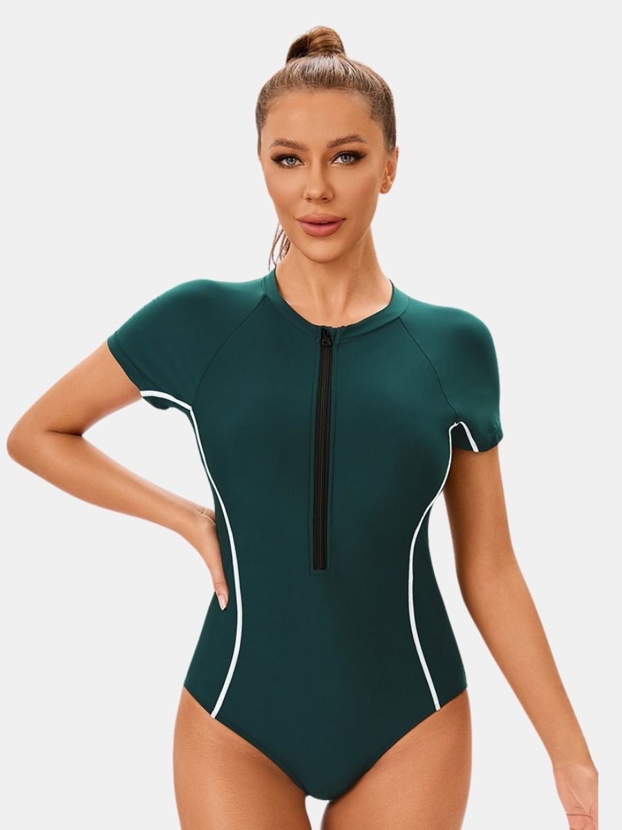 Short Sleeve Front Zip Athletic Women One-piece Sports Swimsuit