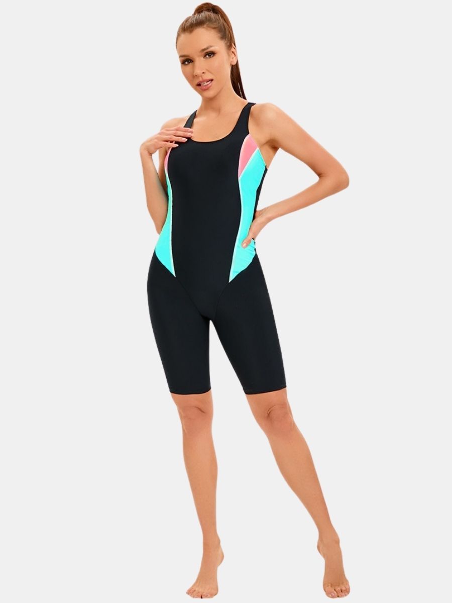 Color Block Athletic Jumpsuit Women One-piece Sports Swimsuit