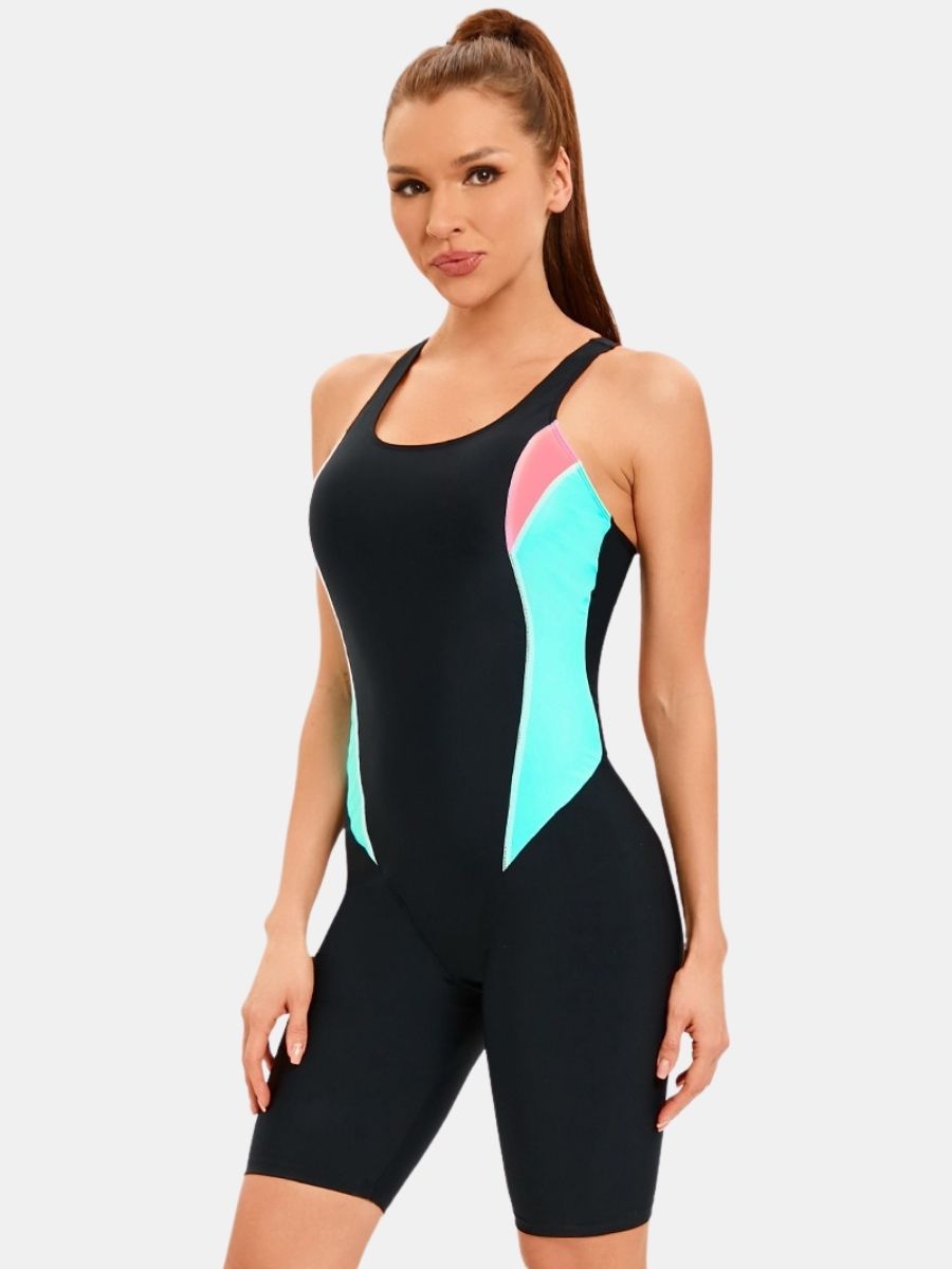 Color Block Athletic Jumpsuit Women One-piece Sports Swimsuit