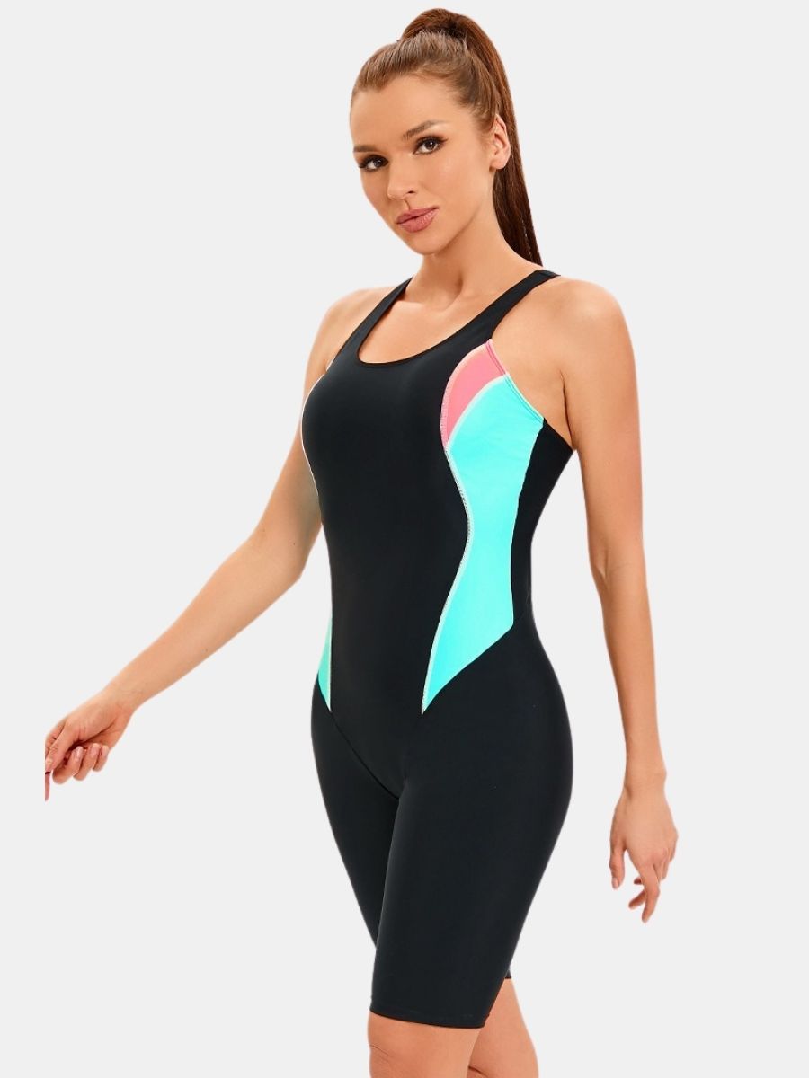 Color Block Athletic Jumpsuit Women One-piece Sports Swimsuit