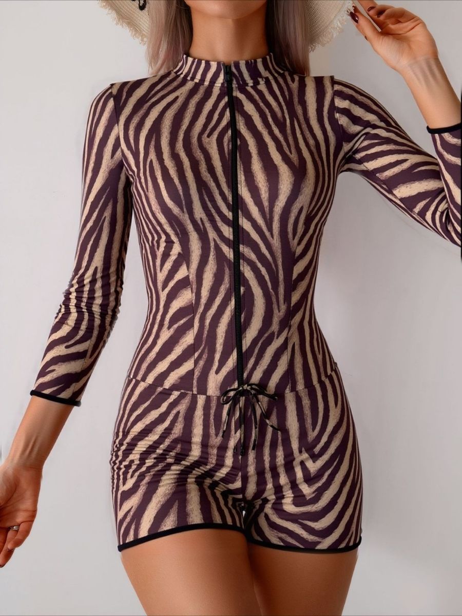 Leopard Print Two Pieces Women Long Sleeve UPF50+ Rash Guard Swimsuit