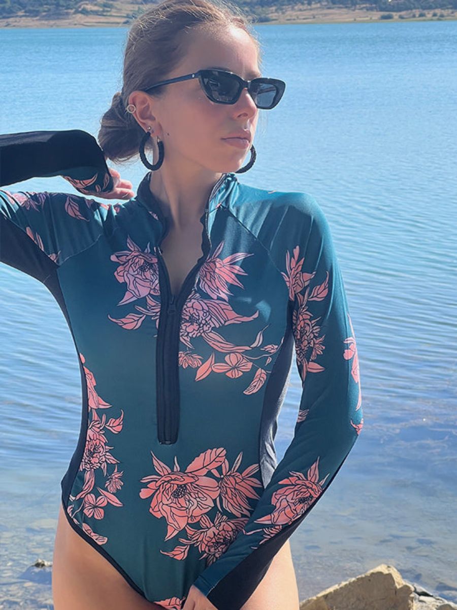 Green Floral Long Sleeve Half Zip UPF50+ Rash Guard