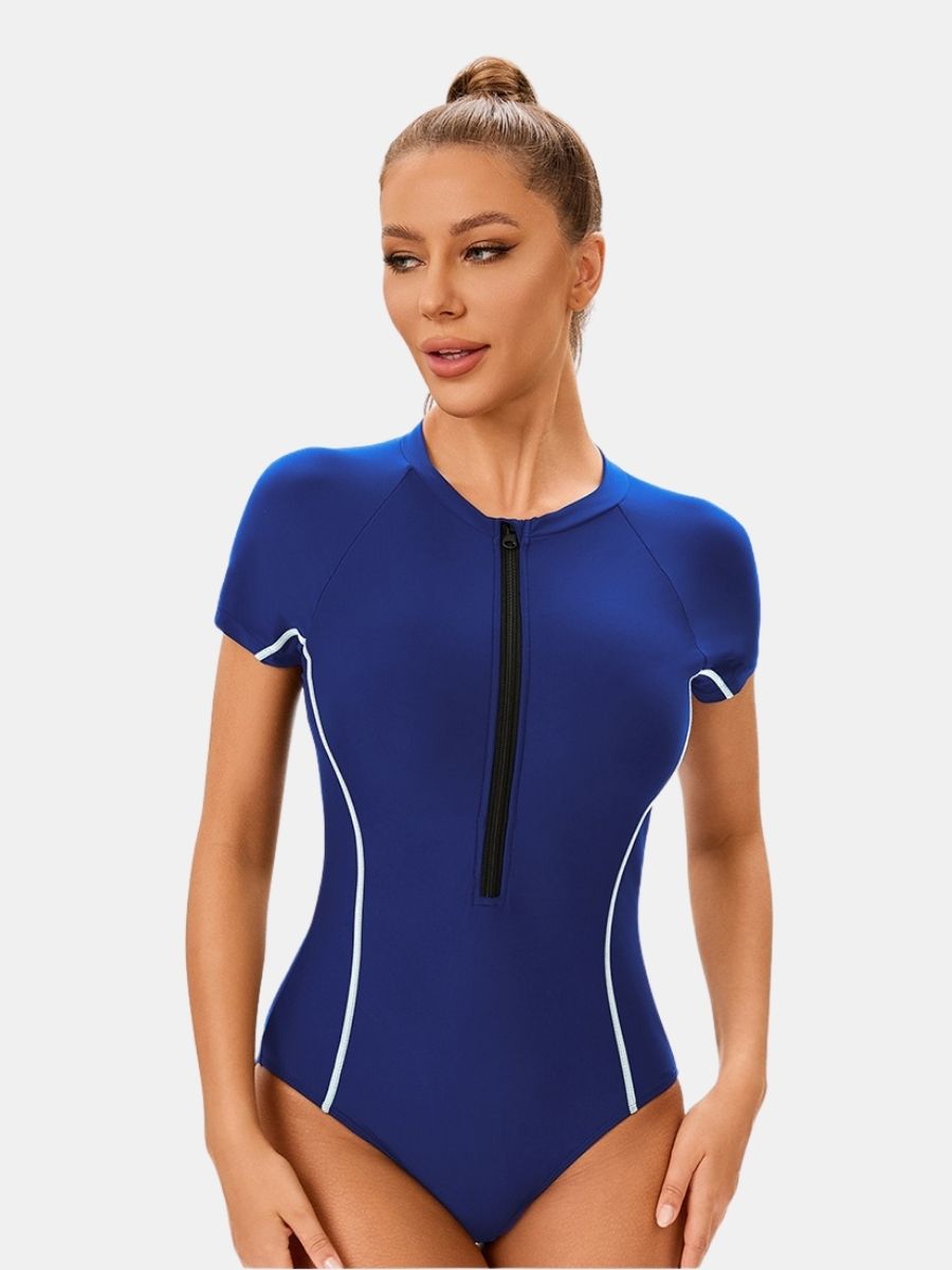 Short Sleeve Front Zip Athletic Women One-piece Sports Swimsuit