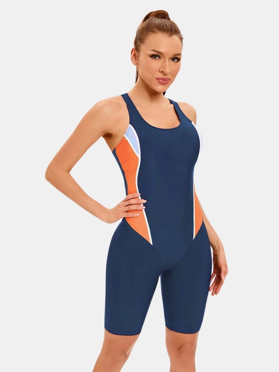 Color Block Athletic Jumpsuit Women One-piece Sports Swimsuit