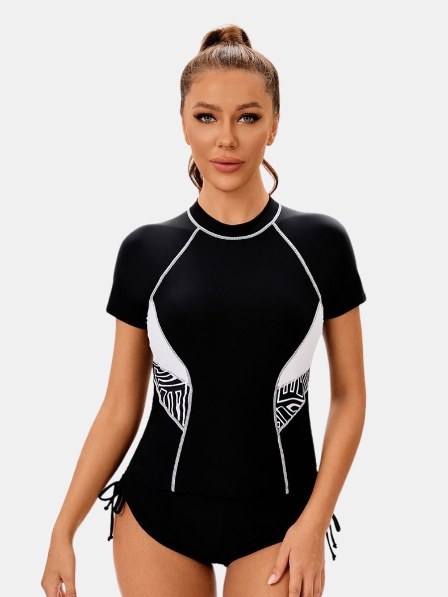 Colorblock Short Sleeve Front Zip Athletic One-piece Women Sports Swimsuit