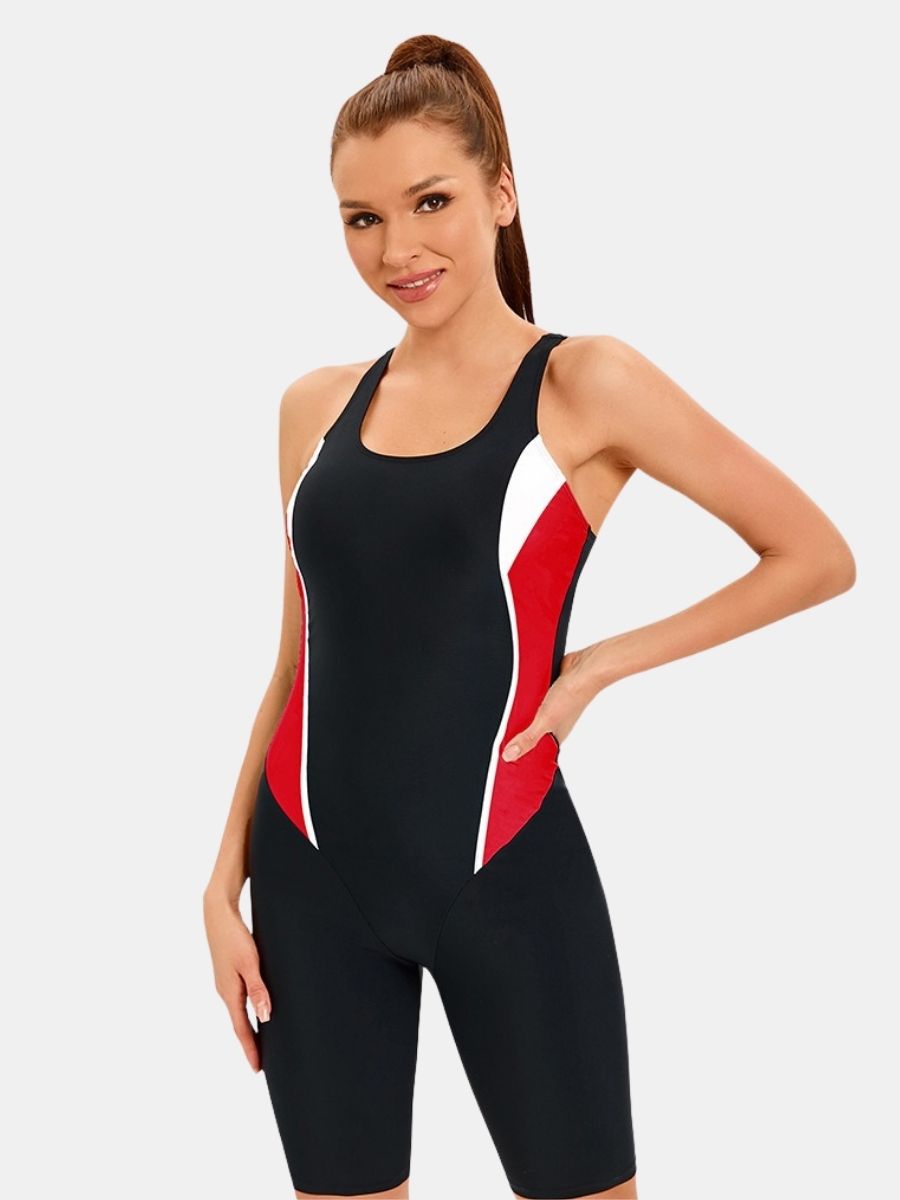 Color Block Athletic Jumpsuit Women One-piece Sports Swimsuit