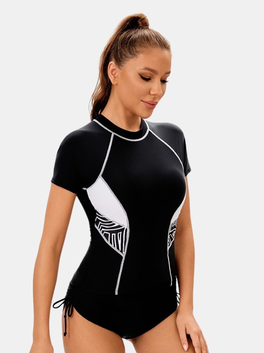 Colorblock Short Sleeve Front Zip Athletic One-piece Women Sports Swimsuit