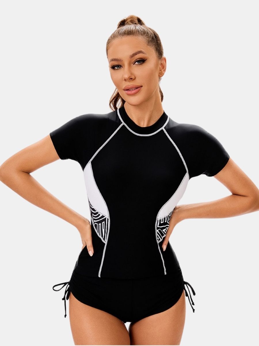 Colorblock Short Sleeve Front Zip Athletic One-piece Women Sports Swimsuit