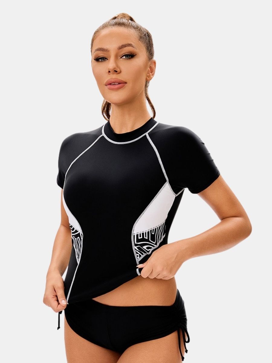 Colorblock Short Sleeve Front Zip Athletic One-piece Women Sports Swimsuit