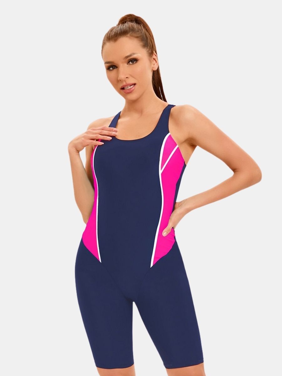 Color Block Athletic Jumpsuit Women One-piece Sports Swimsuit