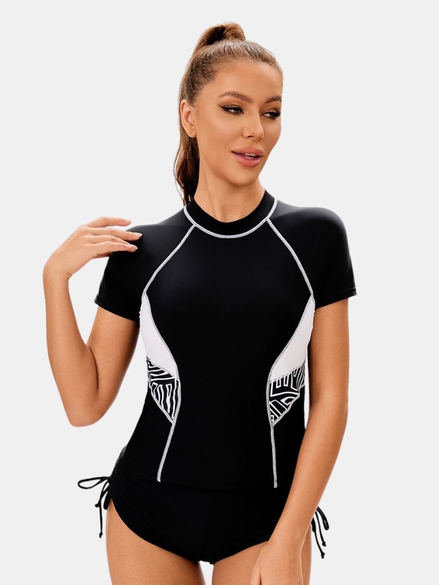 Colorblock Short Sleeve Front Zip Athletic One-piece Women Sports Swimsuit