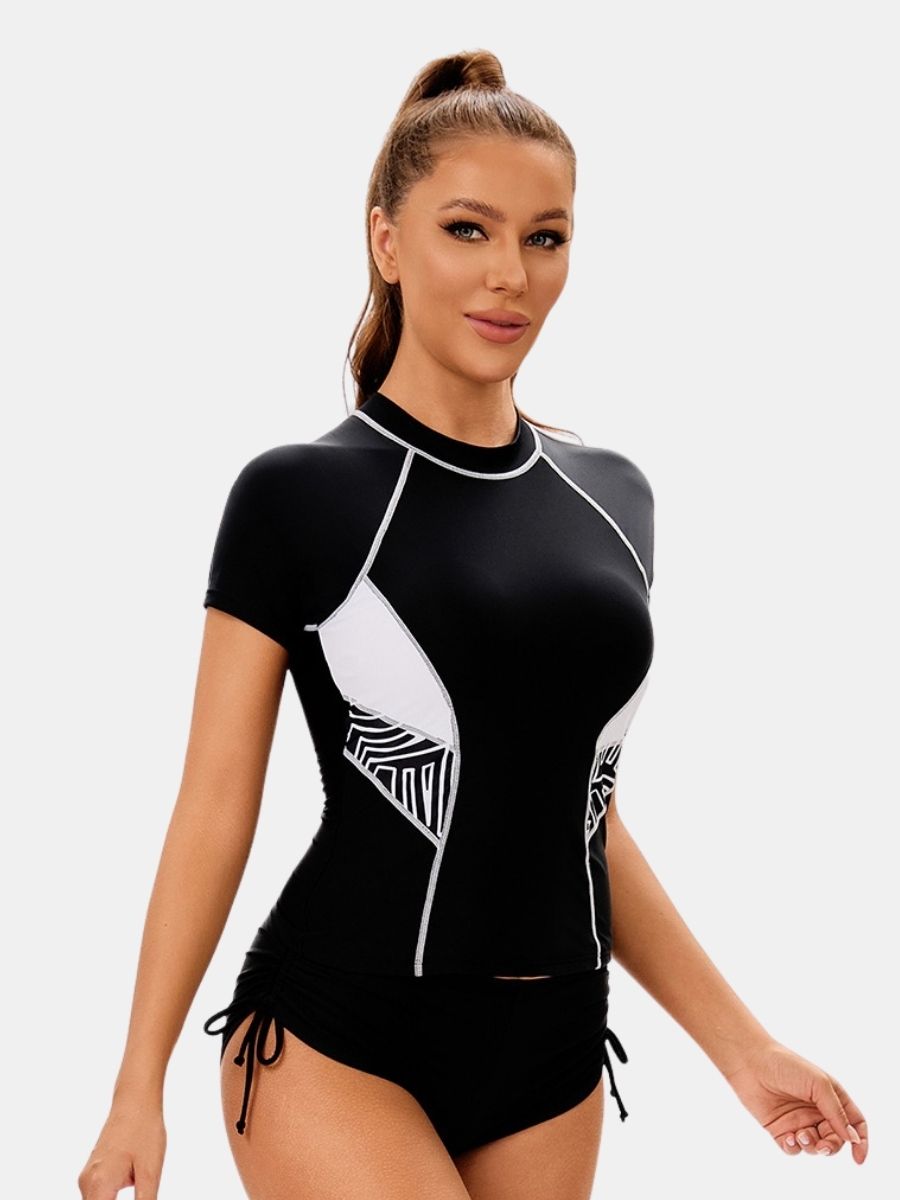 Colorblock Short Sleeve Front Zip Athletic One-piece Women Sports Swimsuit