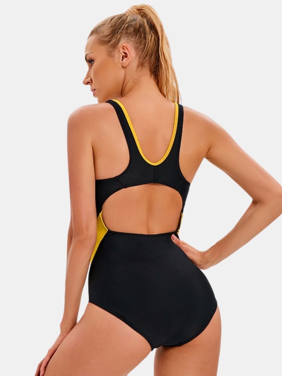 Open Back Color Block Athletic One-piece Women Sports Swimsuit
