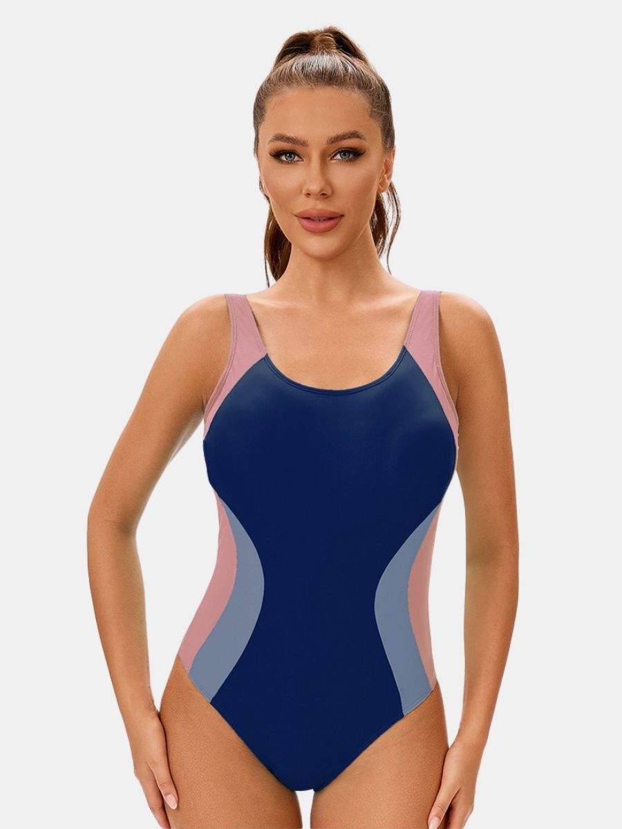 Colorblock Women Athletic One-piece Sports Swimwear