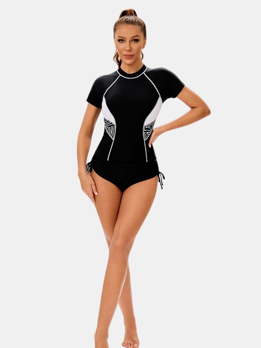 Colorblock Short Sleeve Front Zip Athletic One-piece Women Sports Swimsuit