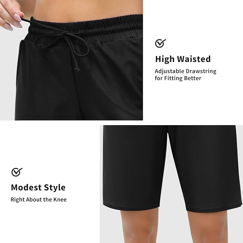 UPF 50+ High Waisted Women Swim Shorts With Pockets