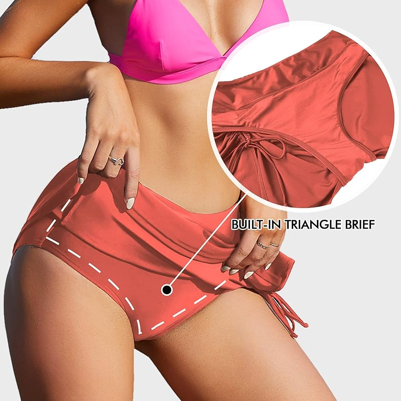 High Waisted Orange Women Swim Skirt With Built-in Panty