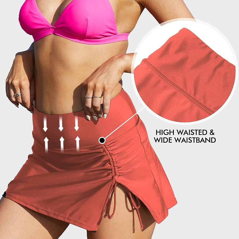 High Waisted Orange Women Swim Skirt With Built-in Panty