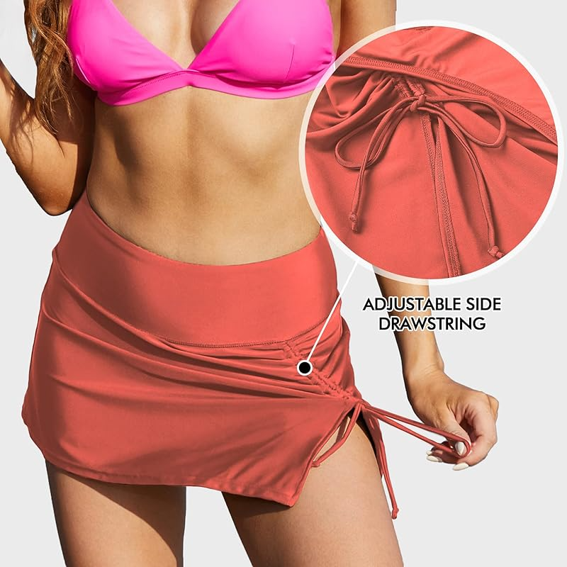 High Waisted Orange Women Swim Skirt With Built-in Panty