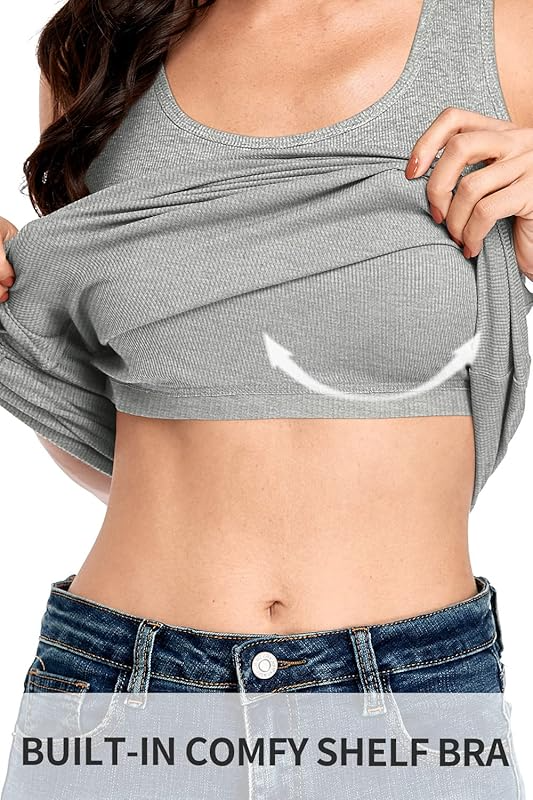 Women Camisoles Undershirts Ribbed Long Grey Tank Tops with Shelf Bra