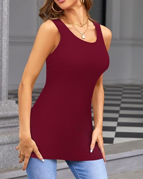 Women Ribbed Extra Long Wine Tank Tops with Shelf Bra