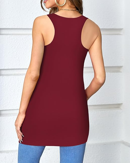 Women Ribbed Extra Long Wine Tank Tops with Shelf Bra