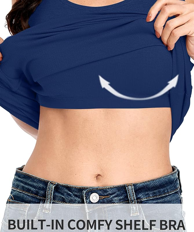 Ribbed Blue Long Tank Tops with Shelf Bra For Women