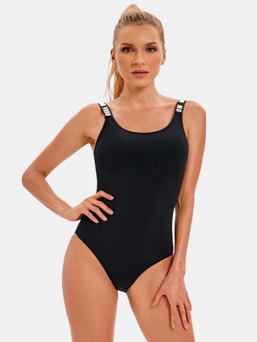 Low Black Wide Shoulder Athletic One-piece Women Sports Swimsuit