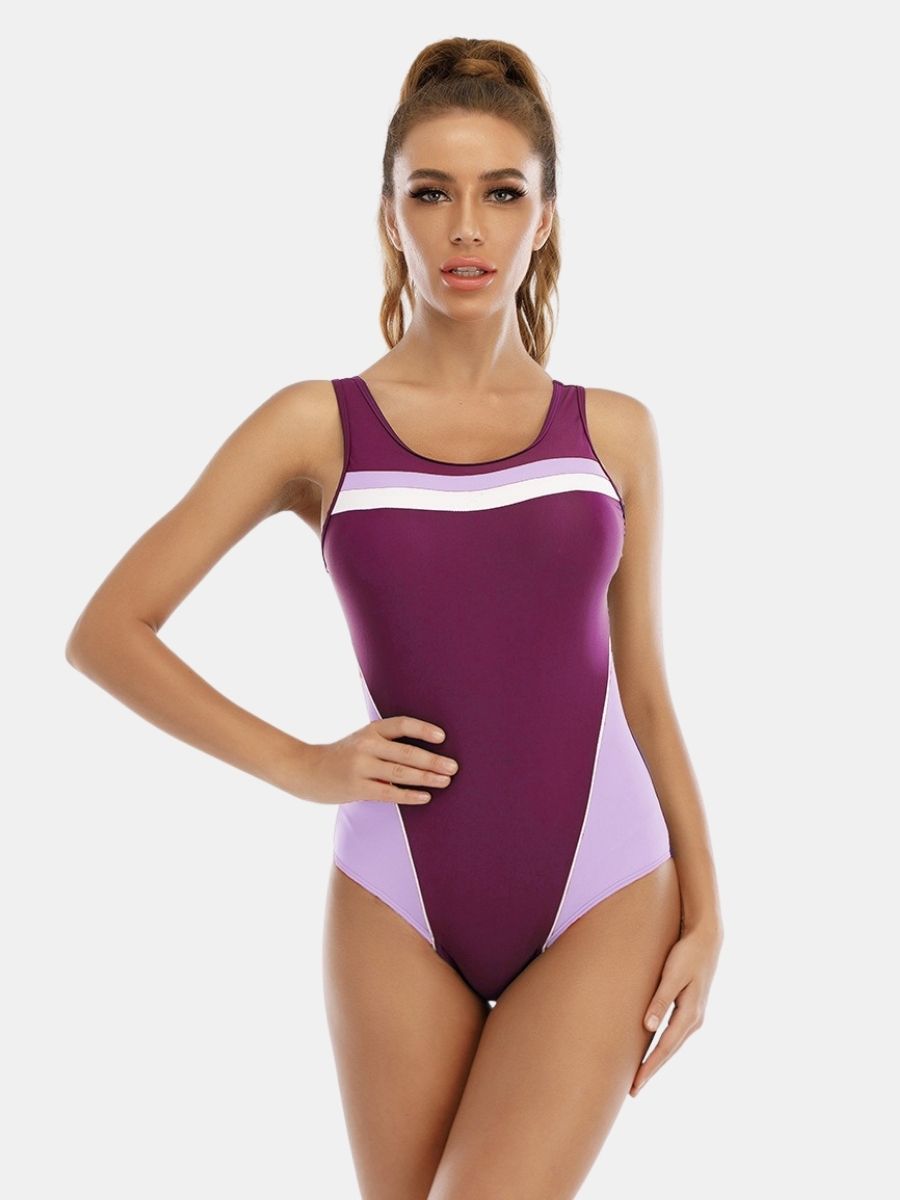 Wide Strap Colorblock Open Back Athletic Women One-piece Sports Swimsuit