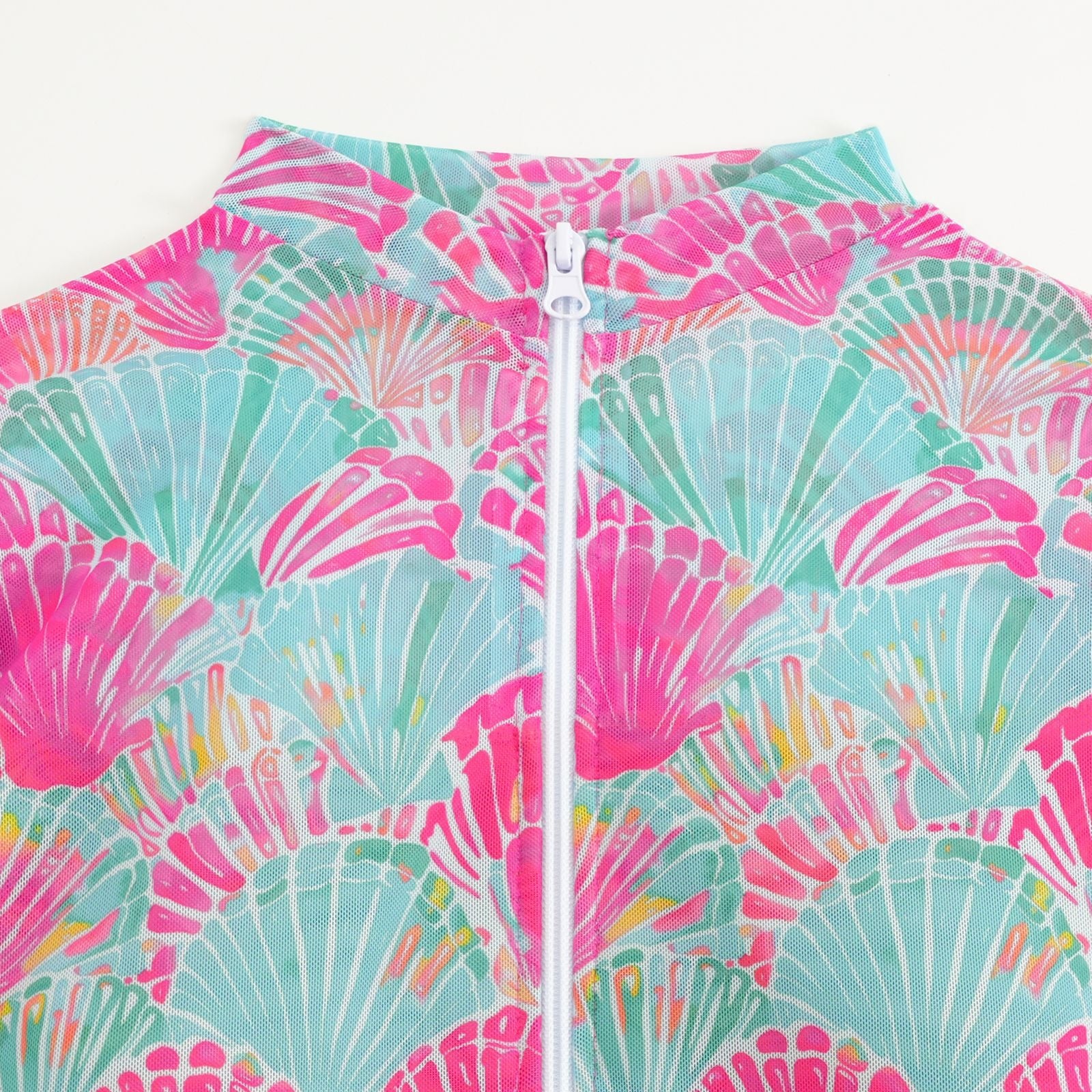 Seashell Print Front Zip Pink Women Long Sleeve UPF50+ Rash Guard Swimsuit
