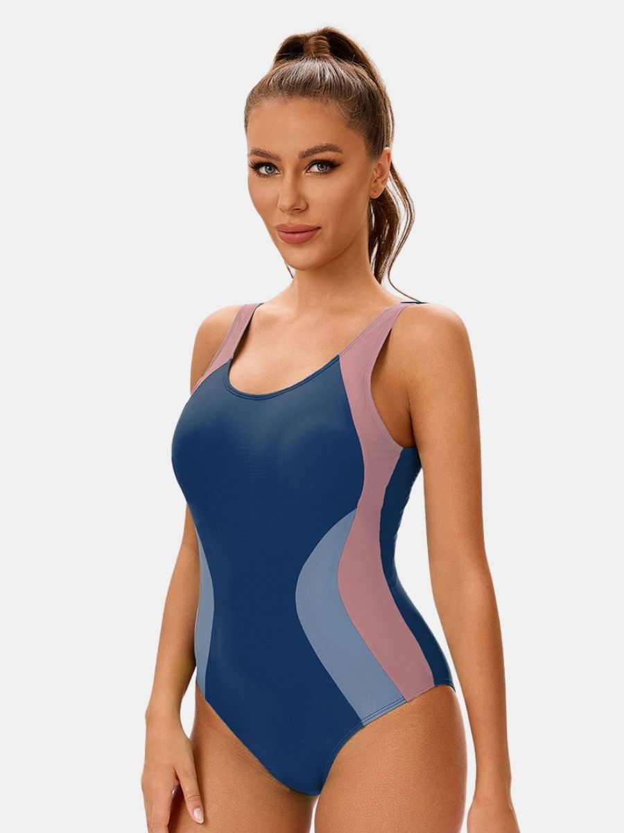 Colorblock Women Athletic One-piece Sports Swimwear