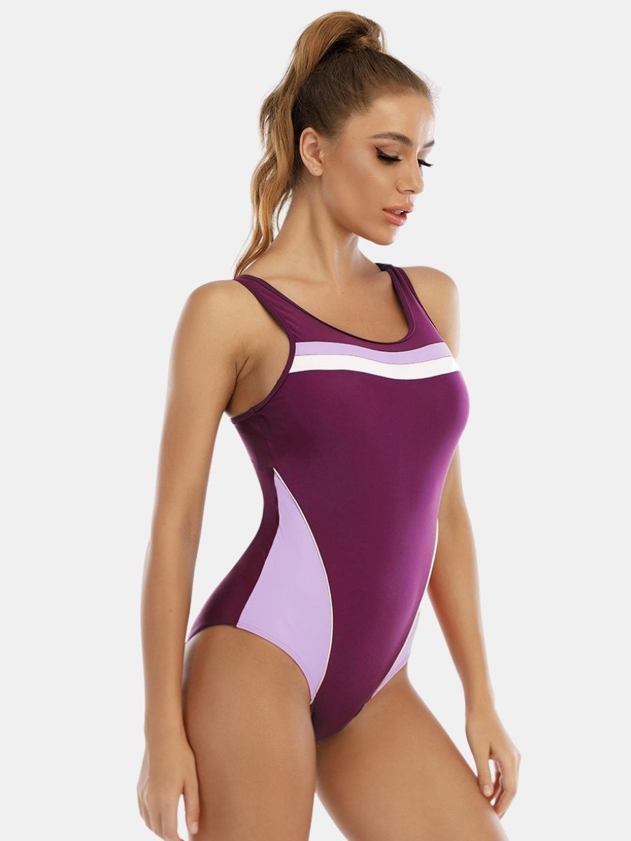Wide Strap Colorblock Open Back Athletic Women One-piece Sports Swimsuit