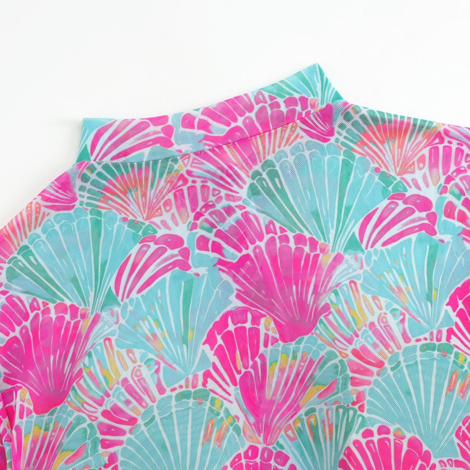 Seashell Print Front Zip Pink Women Long Sleeve UPF50+ Rash Guard Swimsuit