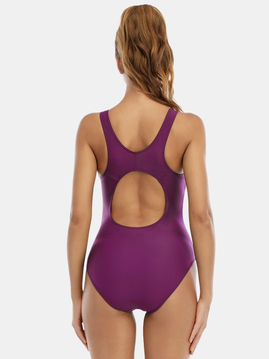 Wide Strap Colorblock Open Back Athletic Women One-piece Sports Swimsuit