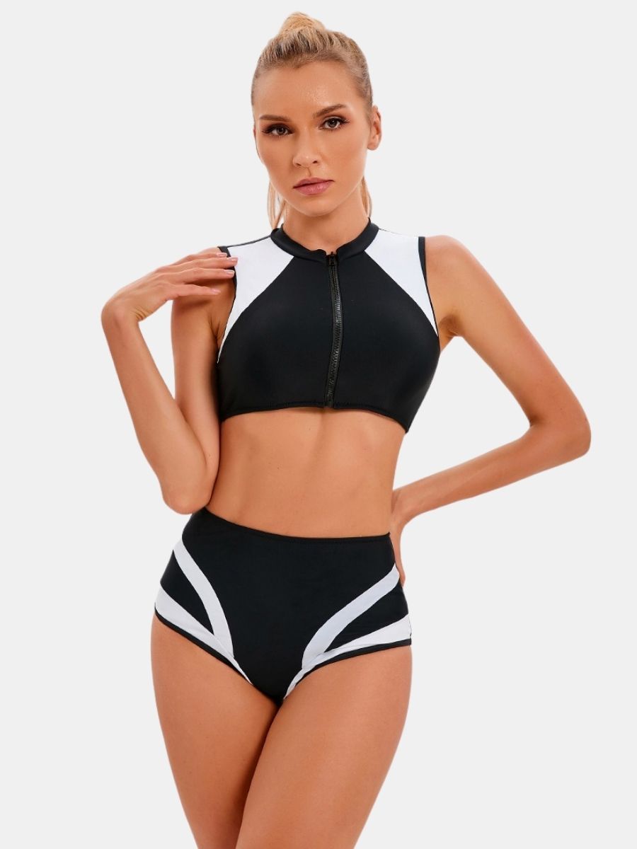 Front Zip Athletic Colorblock Two-pieces Women Sports Swimsuit
