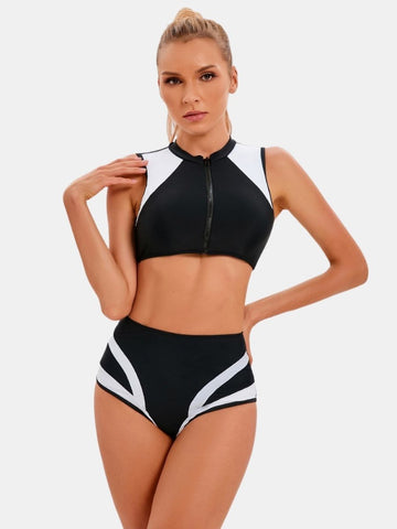 Front Zip Athletic Colorblock Two-pieces Women Sports Swimsuit