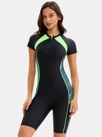 Front Zip Boyleg Short Sleeve Sufing Athletic Jumpsuit One-piece Women Sports Swimsuit